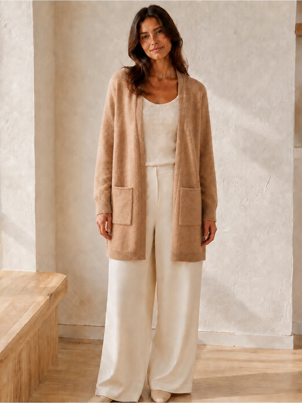 Magaschoni Cashmere Duster Cardigan Camel Beige Minimalist Quiet Luxury XS